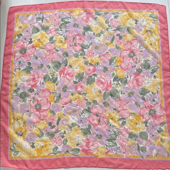 Spring Floral Coral Pink Yellow Green Scarf Square About 30" - Picture 1 of 5